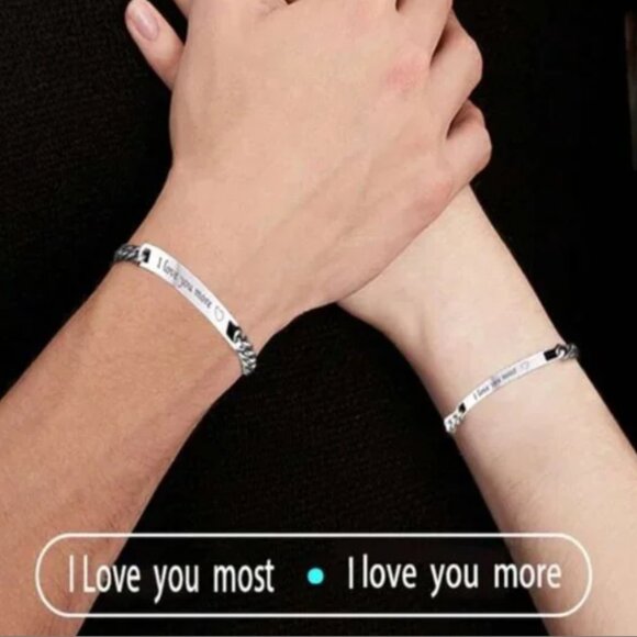 2 Set Titanium Steel Engraved "I Love You More/ I Love You Most Couple Bracelets - Picture 3 of 5